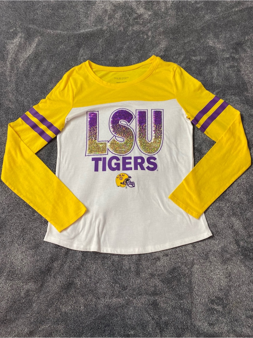 5th & Ocean LSU Tigers Sequin Long Sleeve Raglan Tee Jersey Yellow White Kids 16
